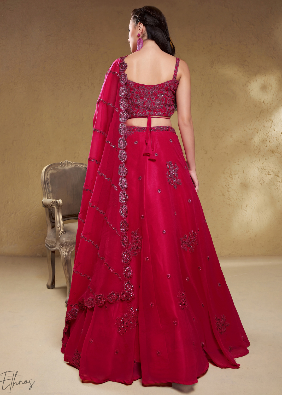 Magenta Plum Raised Rosette Georgette Lehenga Choli