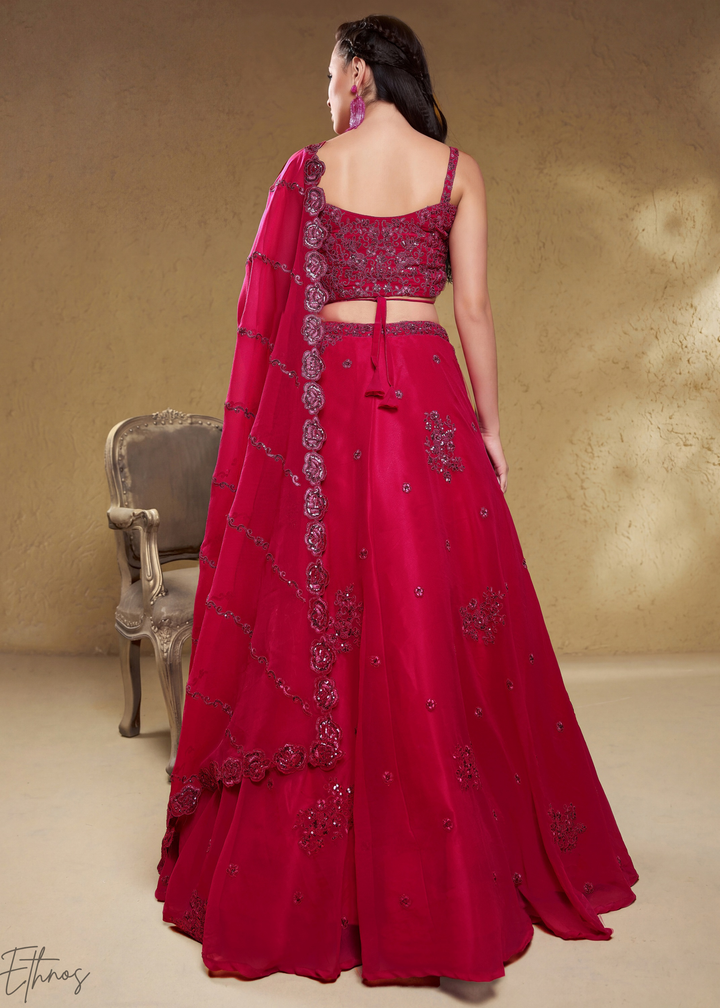 Magenta Plum Raised Rosette Georgette Lehenga Choli