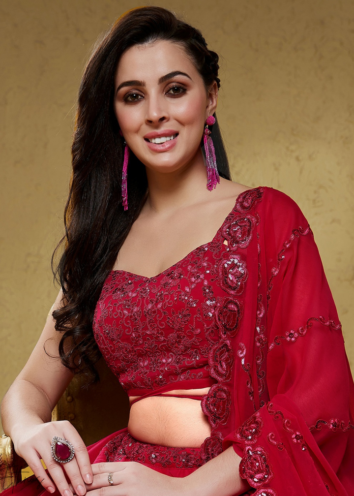 Magenta Plum Raised Rosette Georgette Lehenga Choli