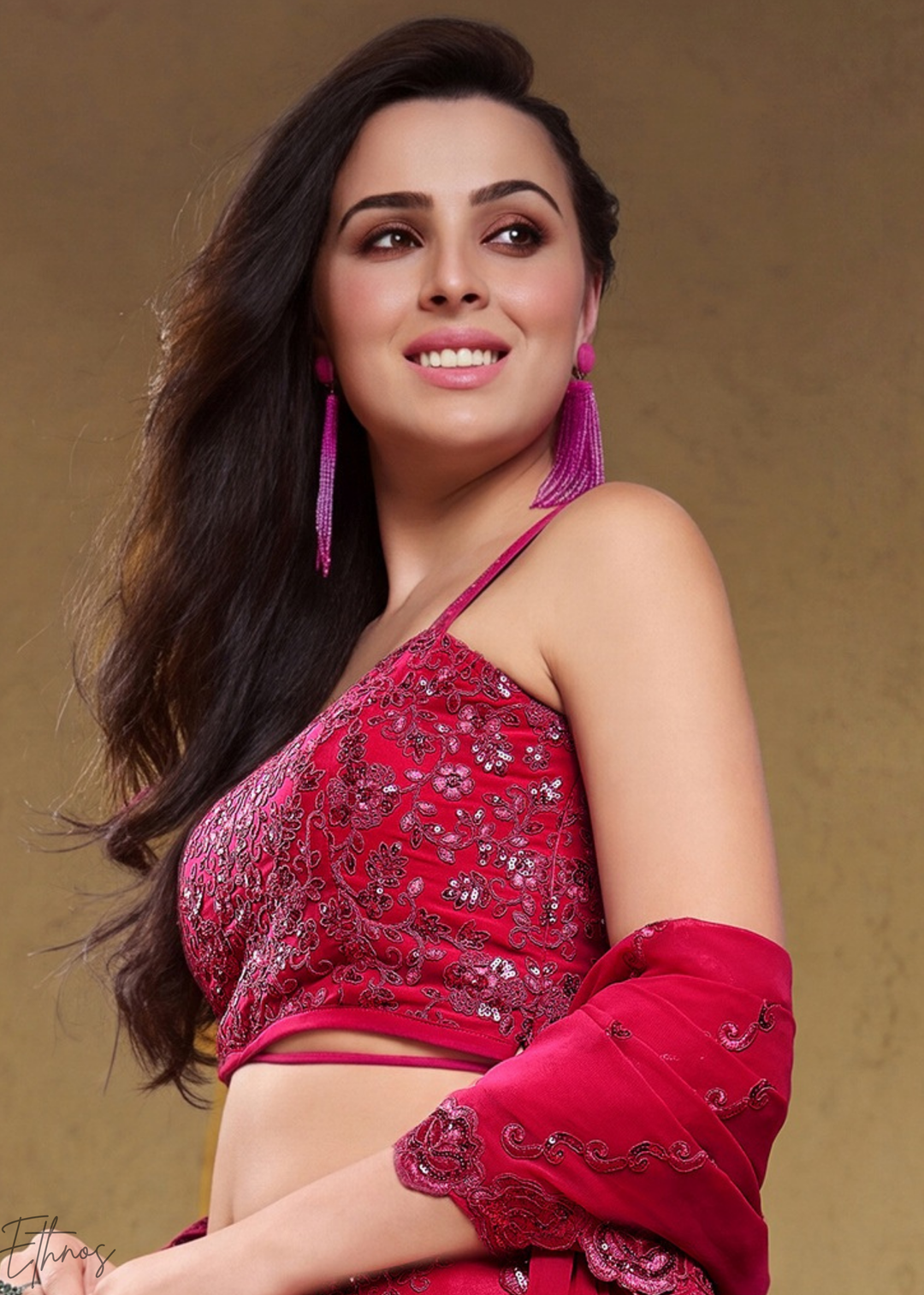 Magenta Plum Raised Rosette Georgette Lehenga Choli