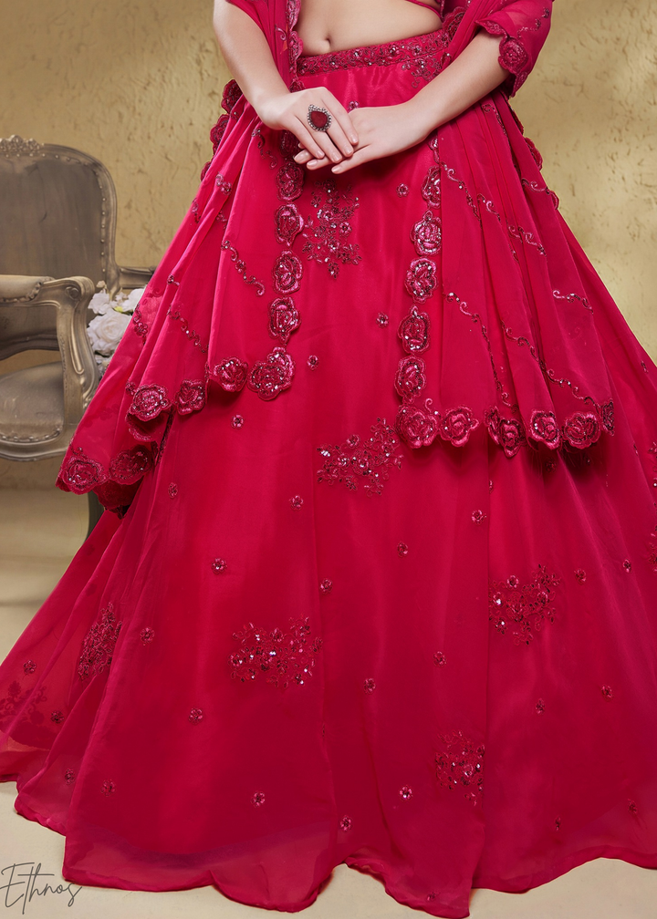 Magenta Plum Raised Rosette Georgette Lehenga Choli
