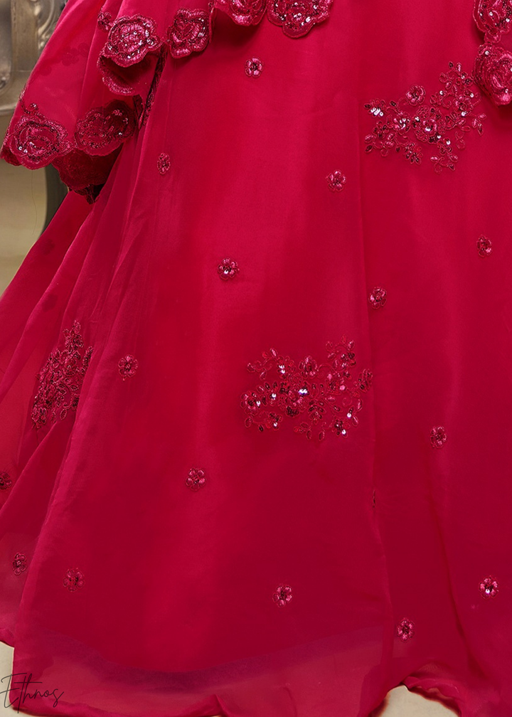 Magenta Plum Raised Rosette Georgette Lehenga Choli