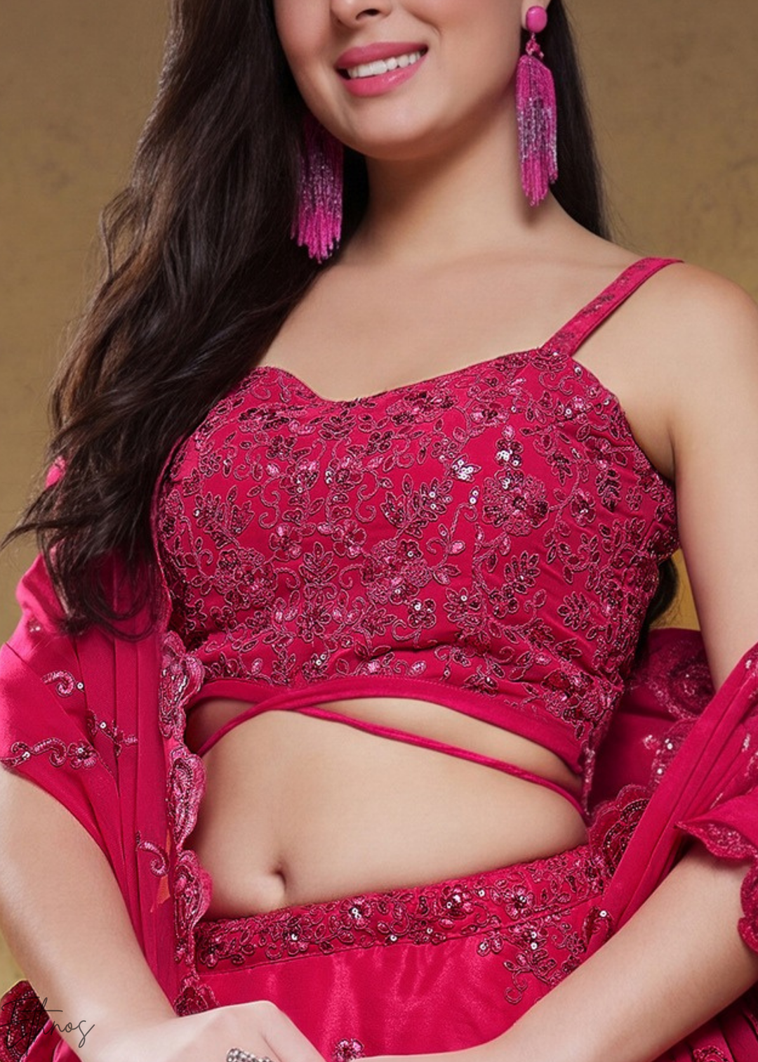 Magenta Plum Raised Rosette Georgette Lehenga Choli