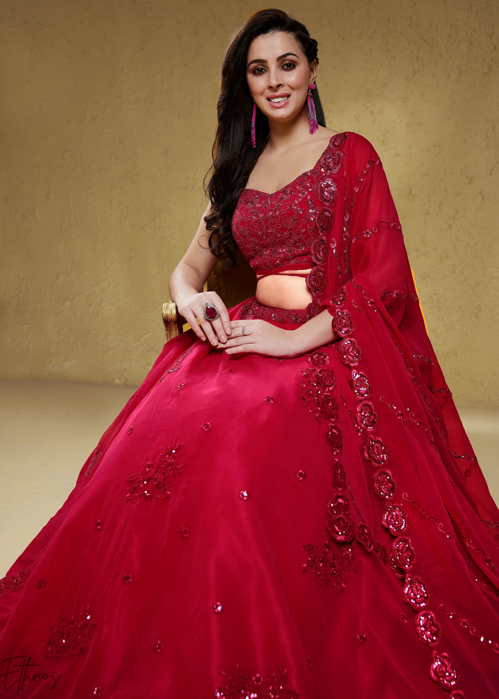 Magenta Plum Raised Rosette Georgette Lehenga Choli