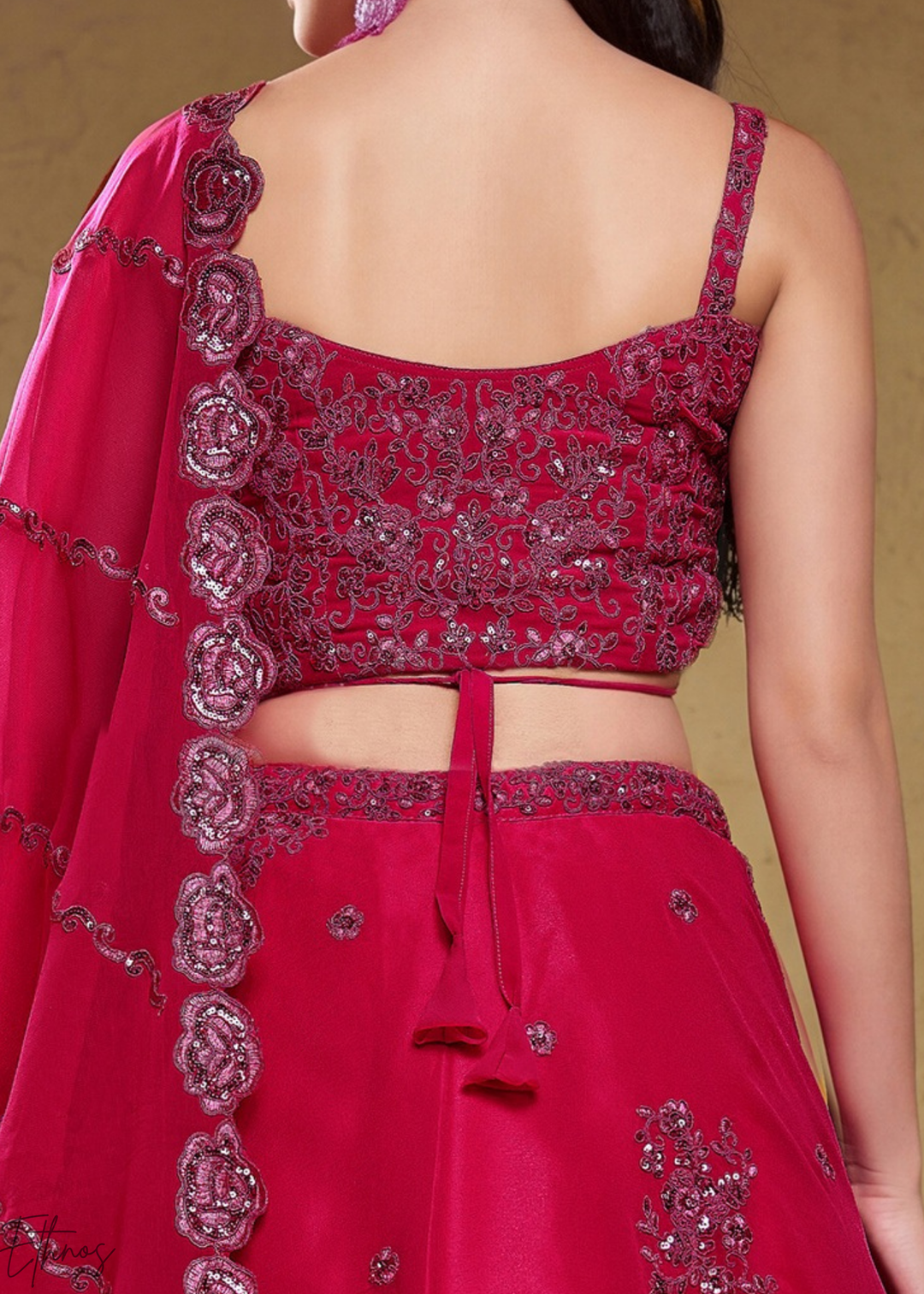 Magenta Plum Raised Rosette Georgette Lehenga Choli