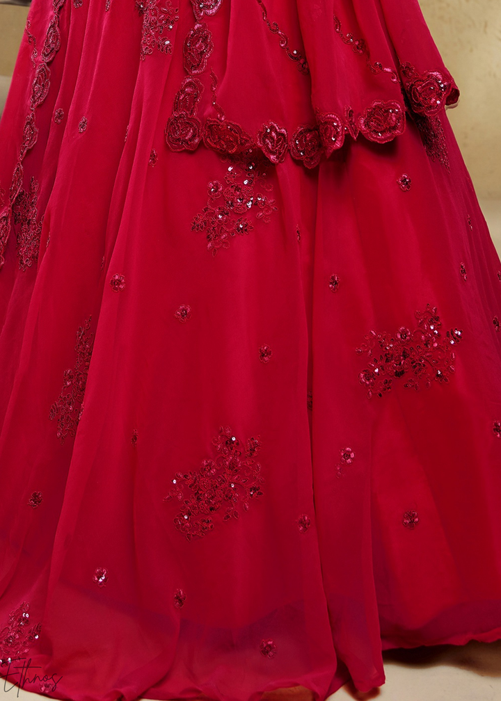 Magenta Plum Raised Rosette Georgette Lehenga Choli
