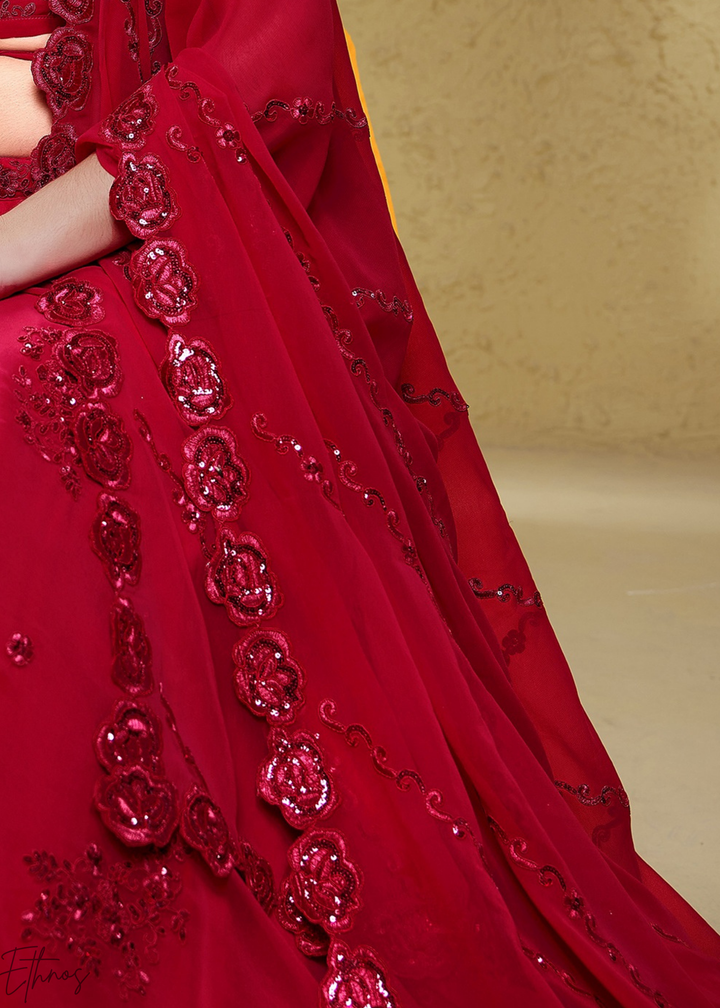 Magenta Plum Raised Rosette Georgette Lehenga Choli