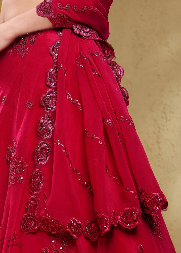 Magenta Plum Raised Rosette Georgette Lehenga Choli