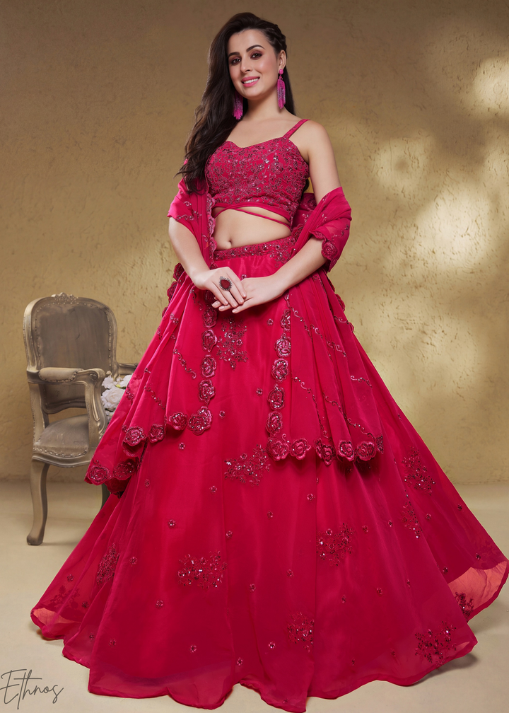 Magenta Plum Raised Rosette Georgette Lehenga Choli