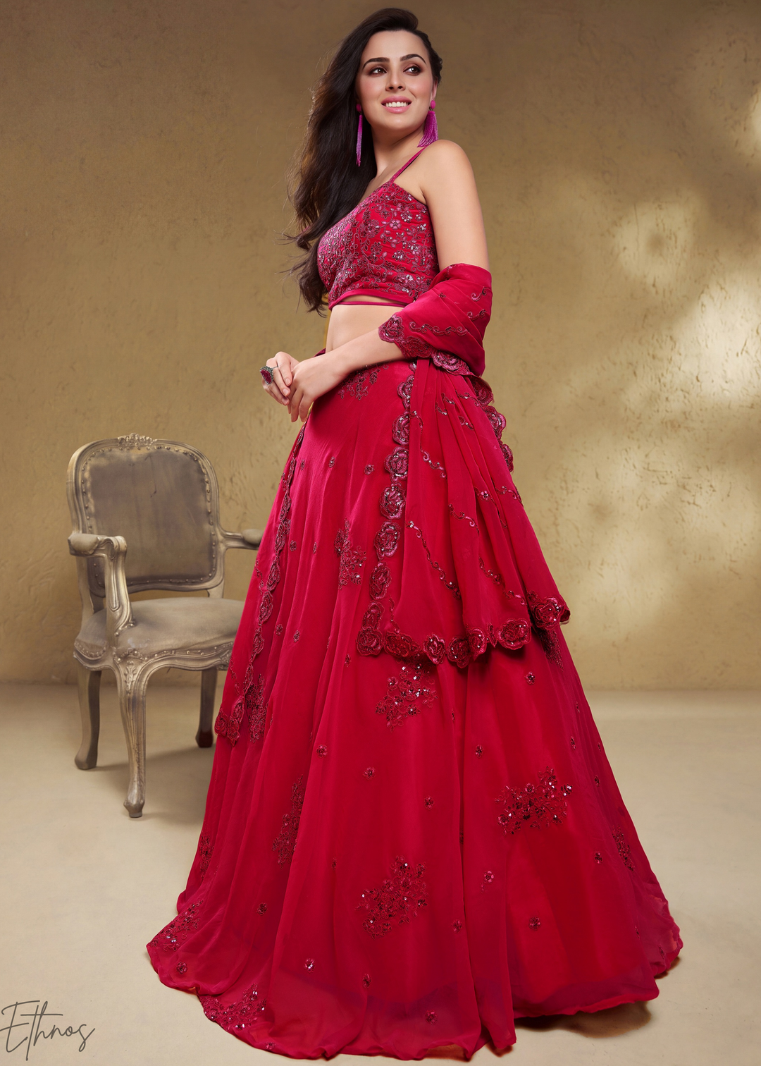 Magenta Plum Raised Rosette Georgette Lehenga Choli
