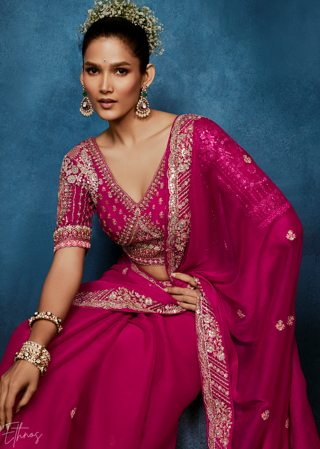 Magenta Plum Tambour Embroidered Border Tissue Saree