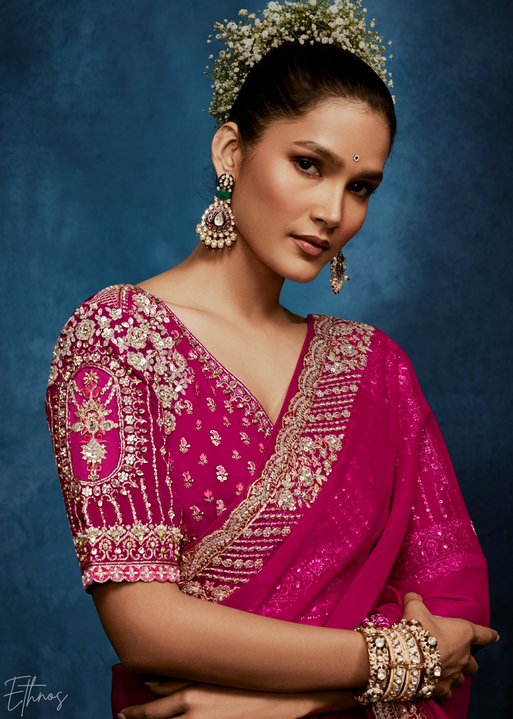 Magenta Plum Tambour Embroidered Border Tissue Saree