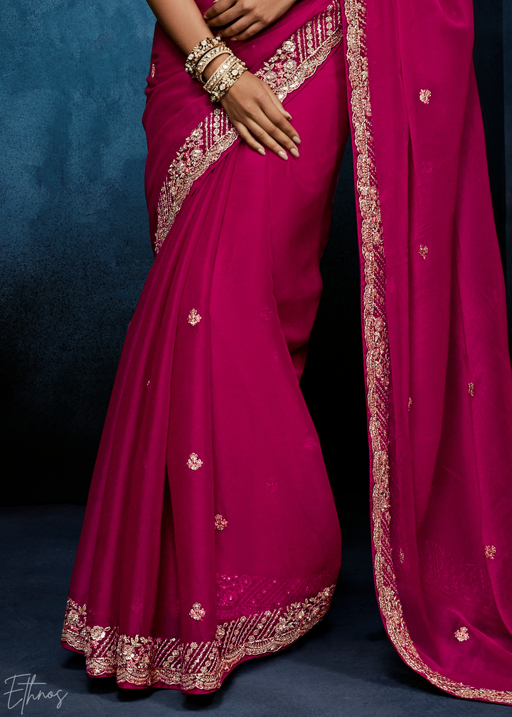 Magenta Plum Tambour Embroidered Border Tissue Saree