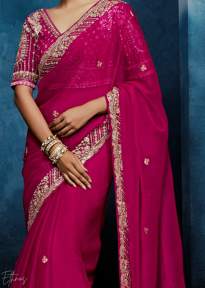 Magenta Plum Tambour Embroidered Border Tissue Saree