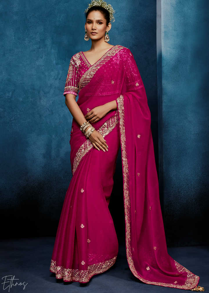 Magenta Plum Tambour Embroidered Border Tissue Saree