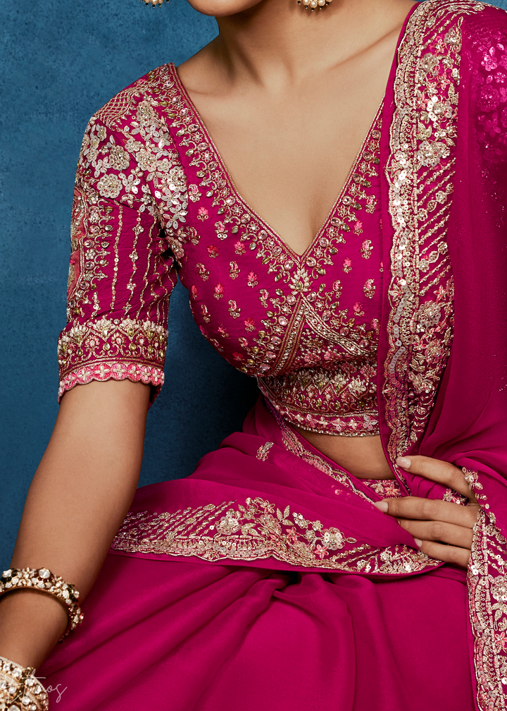Magenta Plum Tambour Embroidered Border Tissue Saree