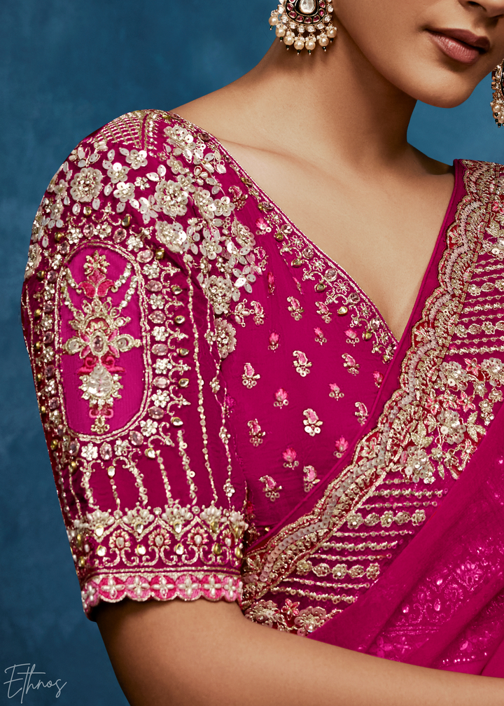 Magenta Plum Tambour Embroidered Border Tissue Saree