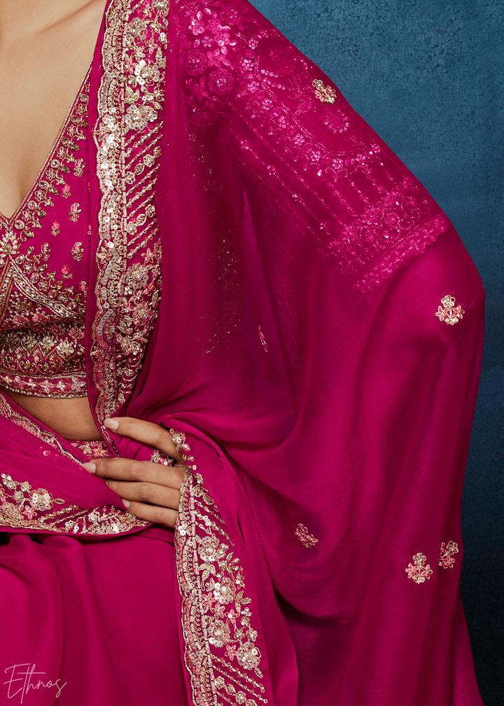 Magenta Plum Tambour Embroidered Border Tissue Saree