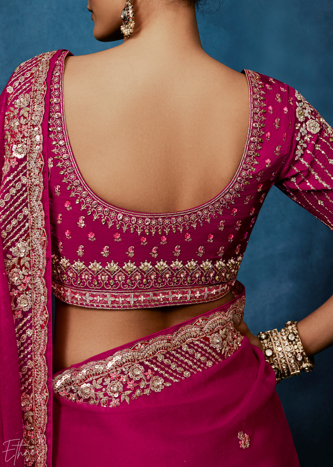 Magenta Plum Tambour Embroidered Border Tissue Saree