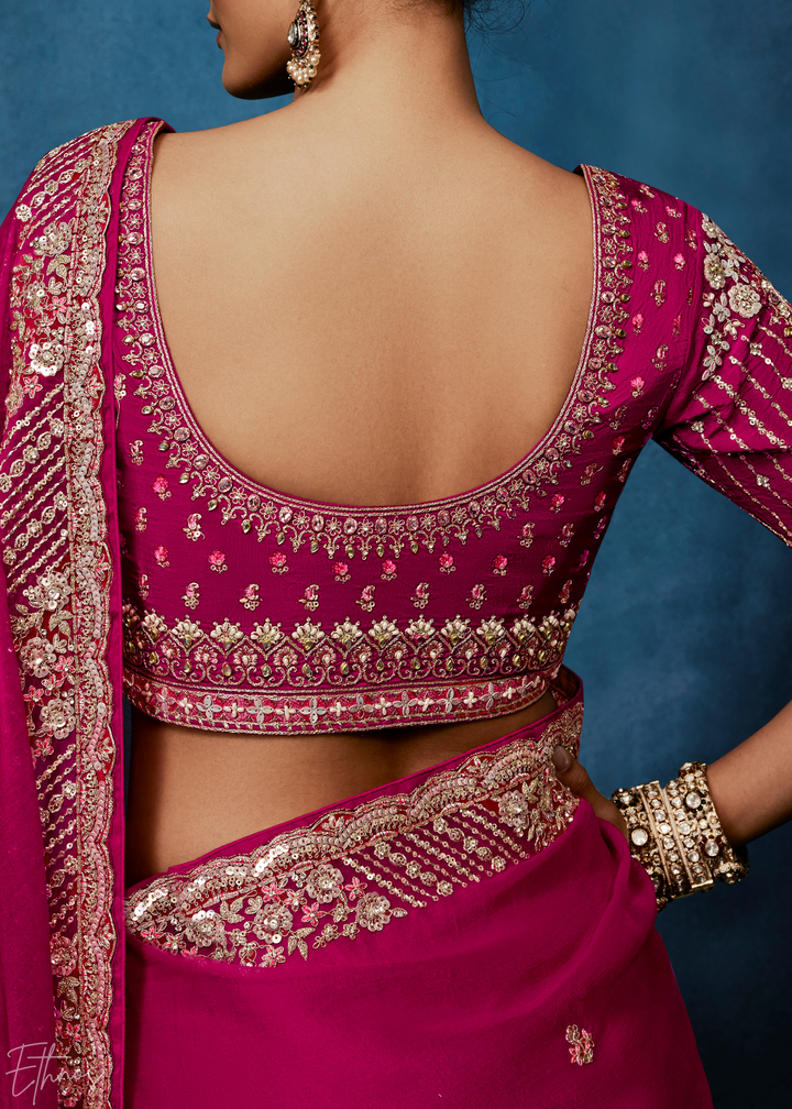 Magenta Plum Tambour Embroidered Border Tissue Saree