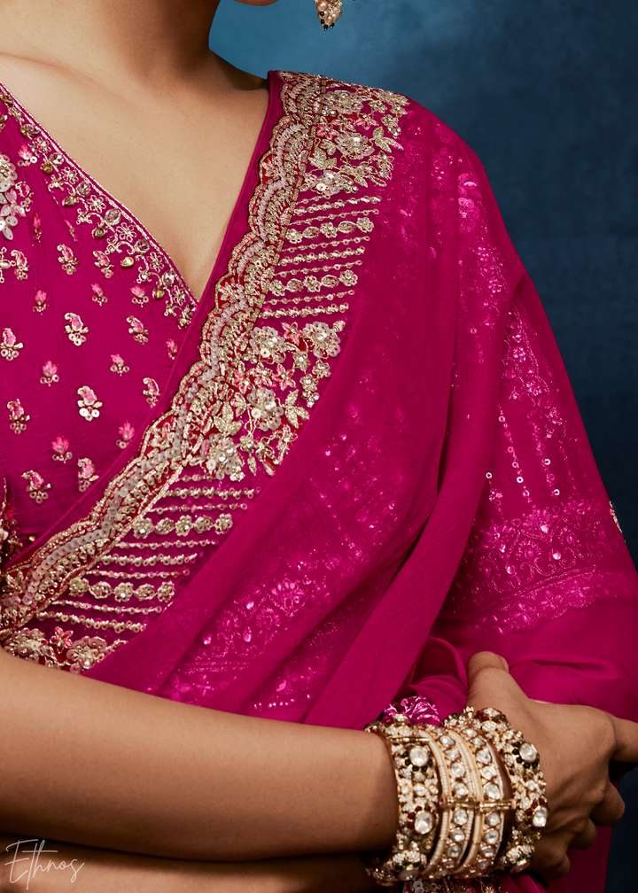 Magenta Plum Tambour Embroidered Border Tissue Saree