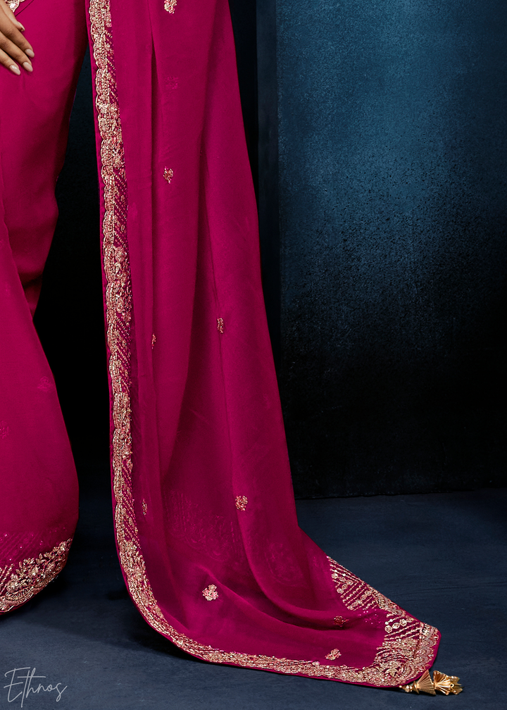 Magenta Plum Tambour Embroidered Border Tissue Saree