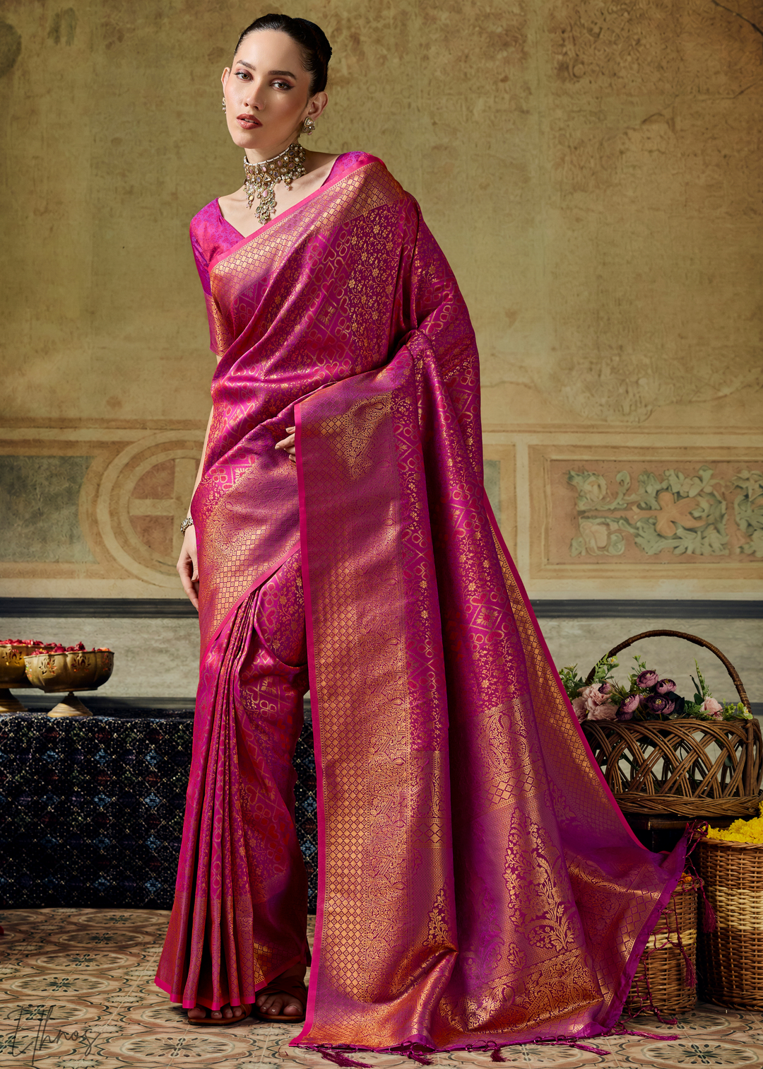 Magenta Plum Traditional Brocade Handloom Silk Saree