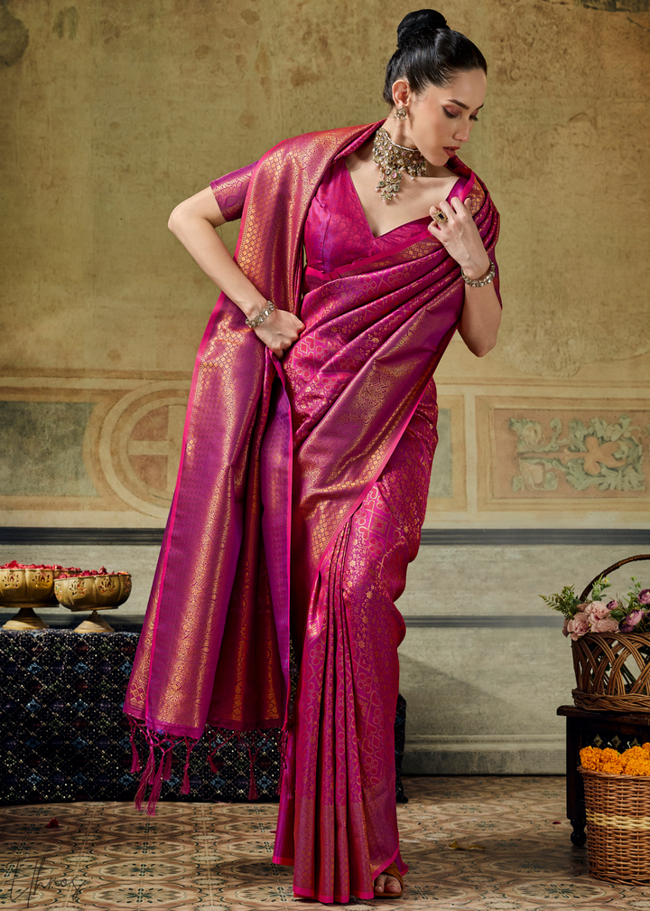 Magenta Plum Traditional Brocade Handloom Silk Saree