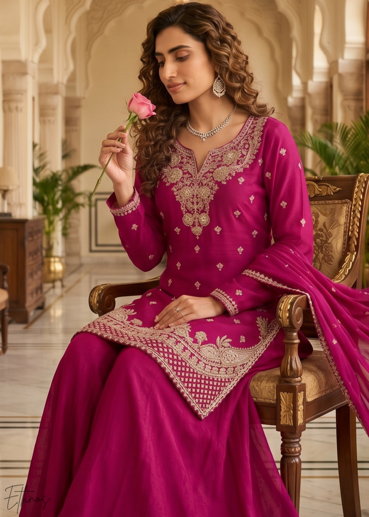 Magenta Purple Regal-Embroidered Chinon Sharara Suit