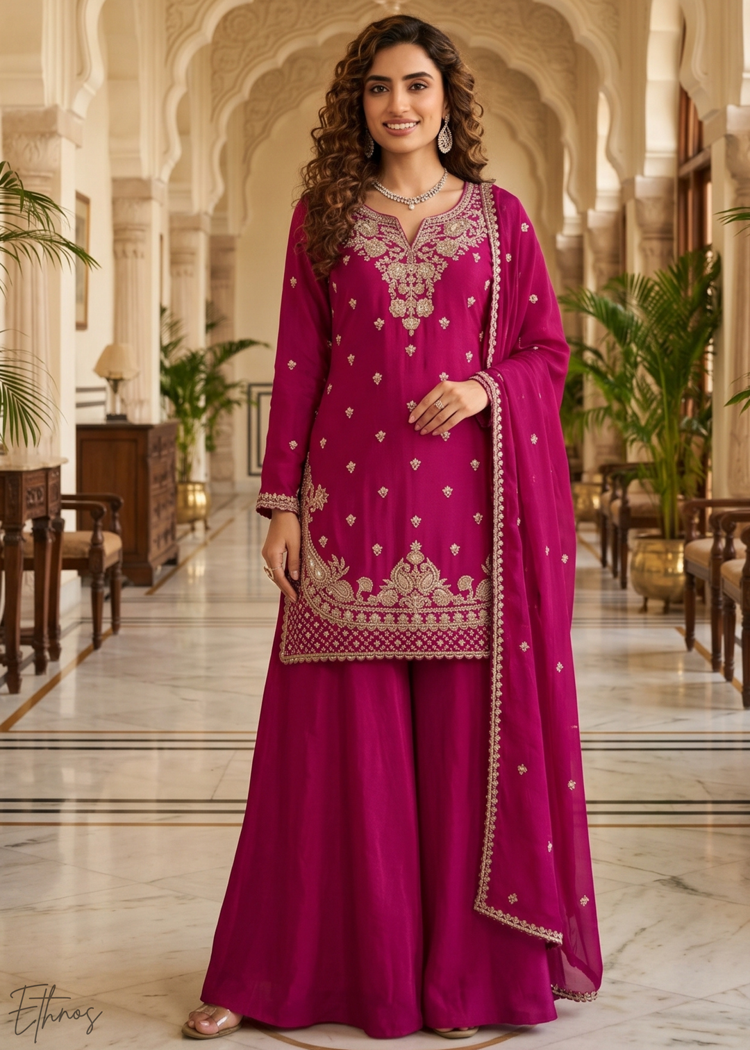 Magenta Purple Regal-Embroidered Chinon Sharara Suit