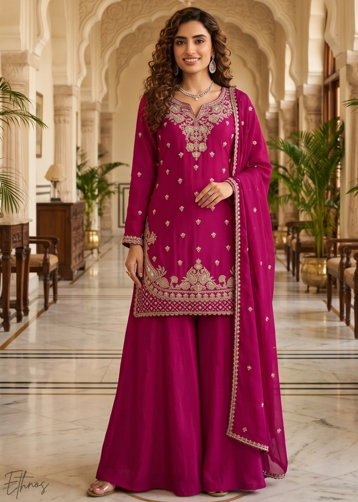 Magenta Purple Regal-Embroidered Chinon Sharara Suit