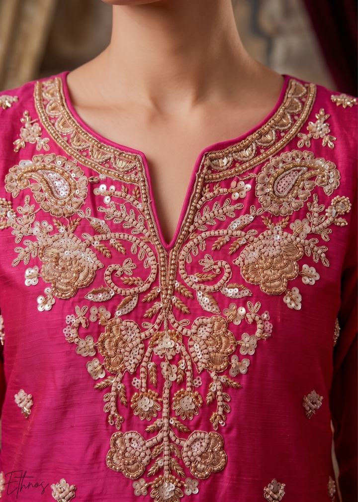 Magenta Purple Regal-Embroidered Chinon Sharara Suit