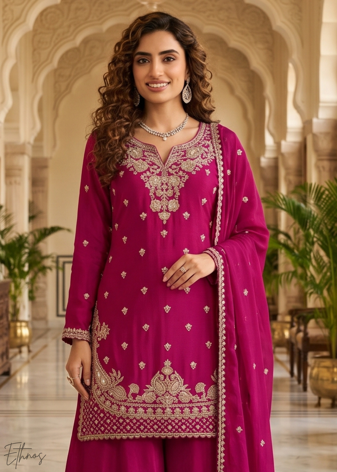 Magenta Purple Regal-Embroidered Chinon Sharara Suit
