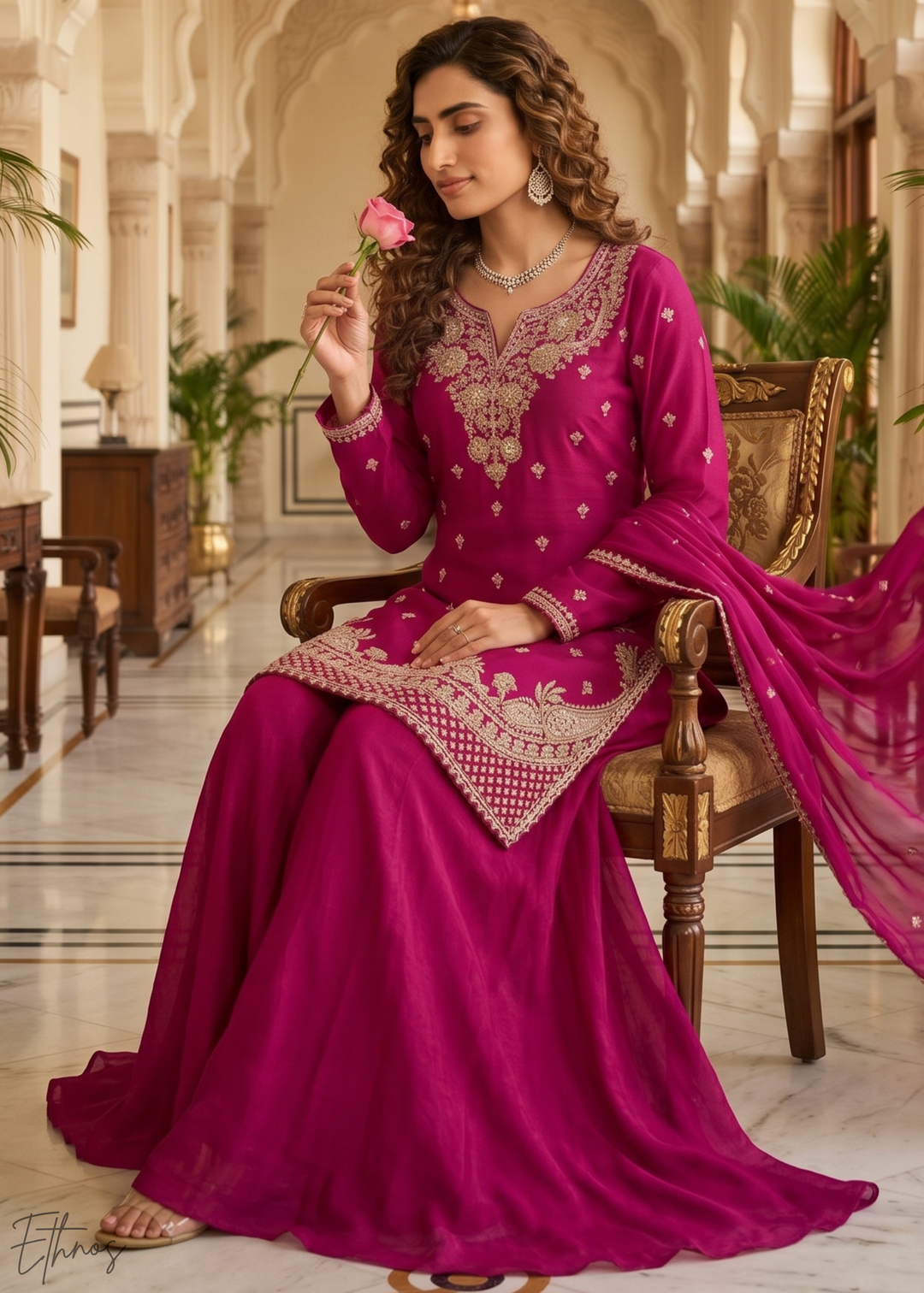 Magenta Purple Regal-Embroidered Chinon Sharara Suit