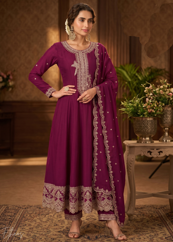 Magenta Purple Regal-Embroidered Silk Anarkali Suit