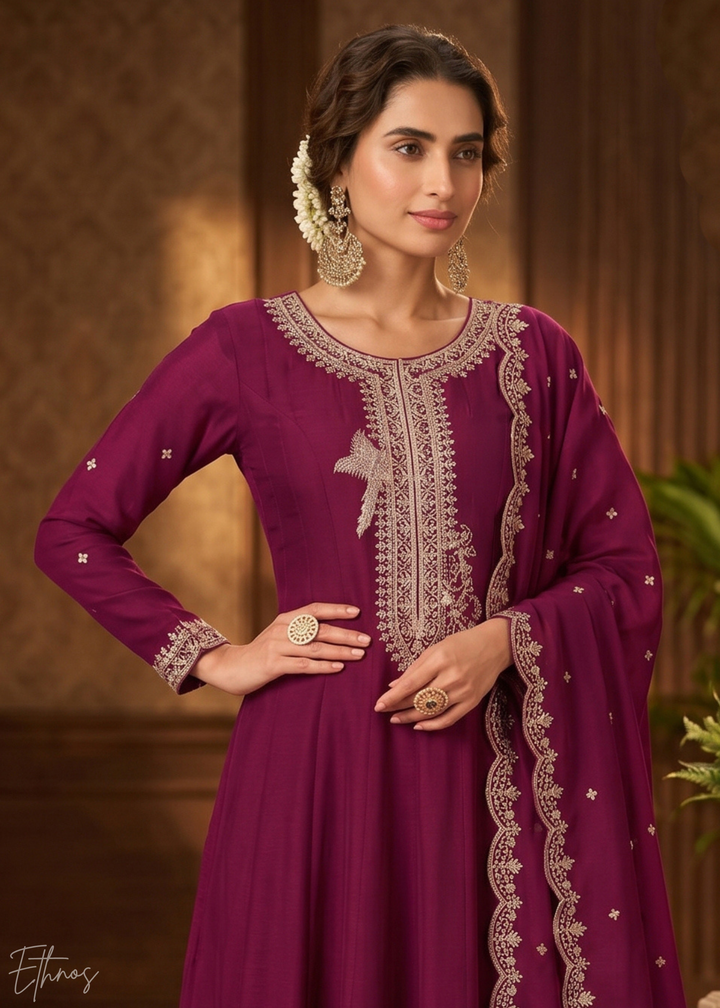 Magenta Purple Regal-Embroidered Silk Anarkali Suit
