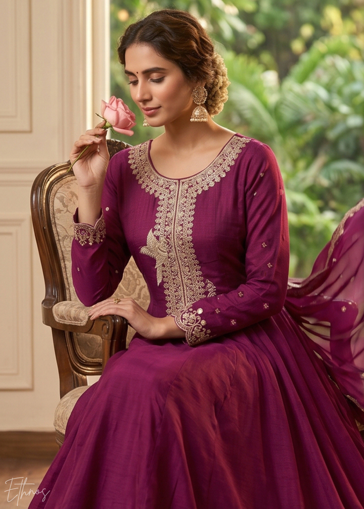 Magenta Purple Regal-Embroidered Silk Anarkali Suit