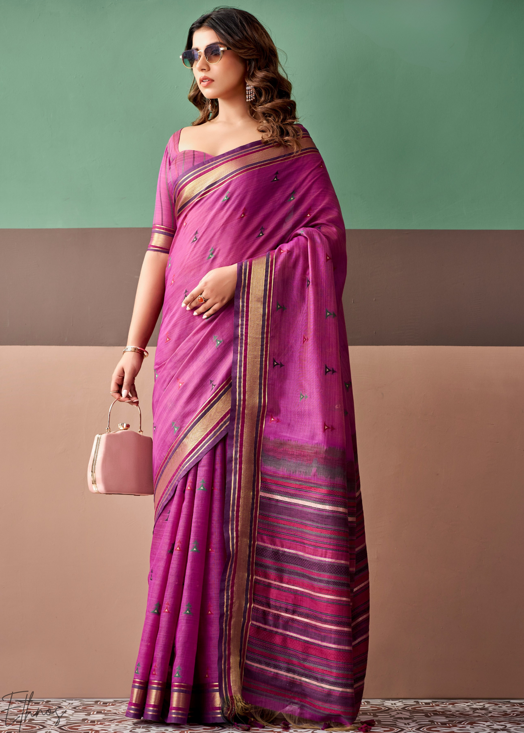 Magenta Purple Zari Striped Pallu Cotton Saree