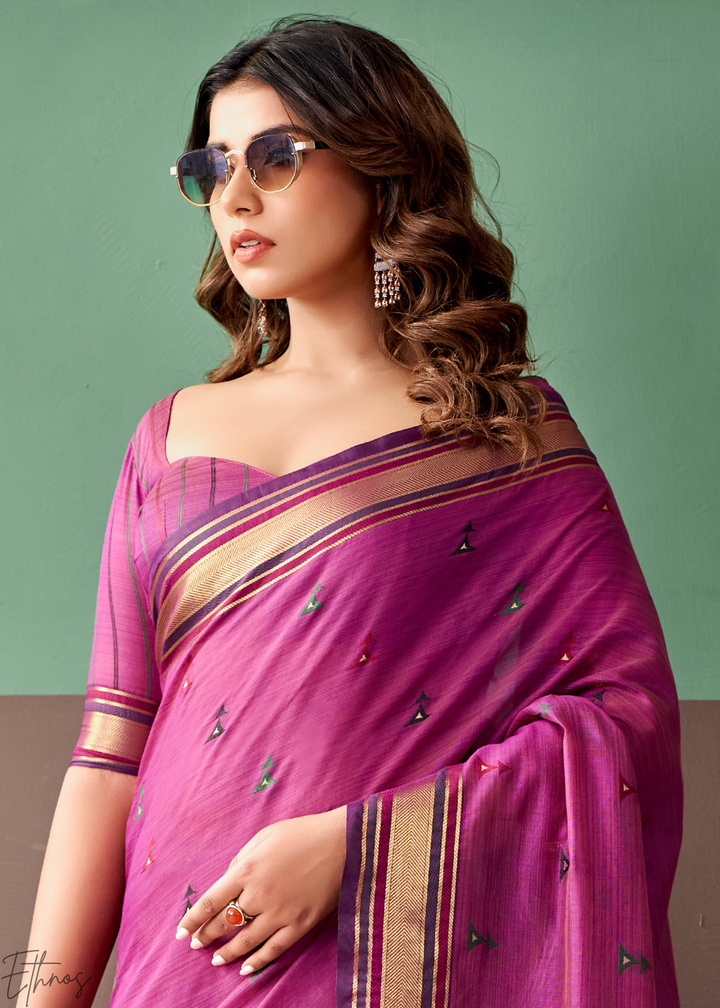 Magenta Purple Zari Striped Pallu Cotton Saree