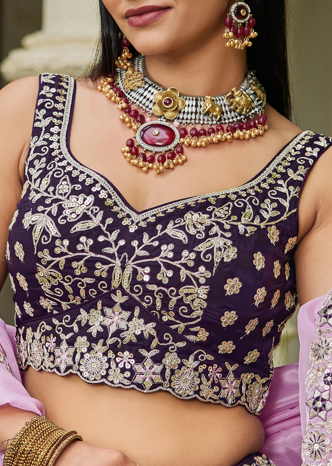 Magenta Radiant Blossom Organza Lehenga