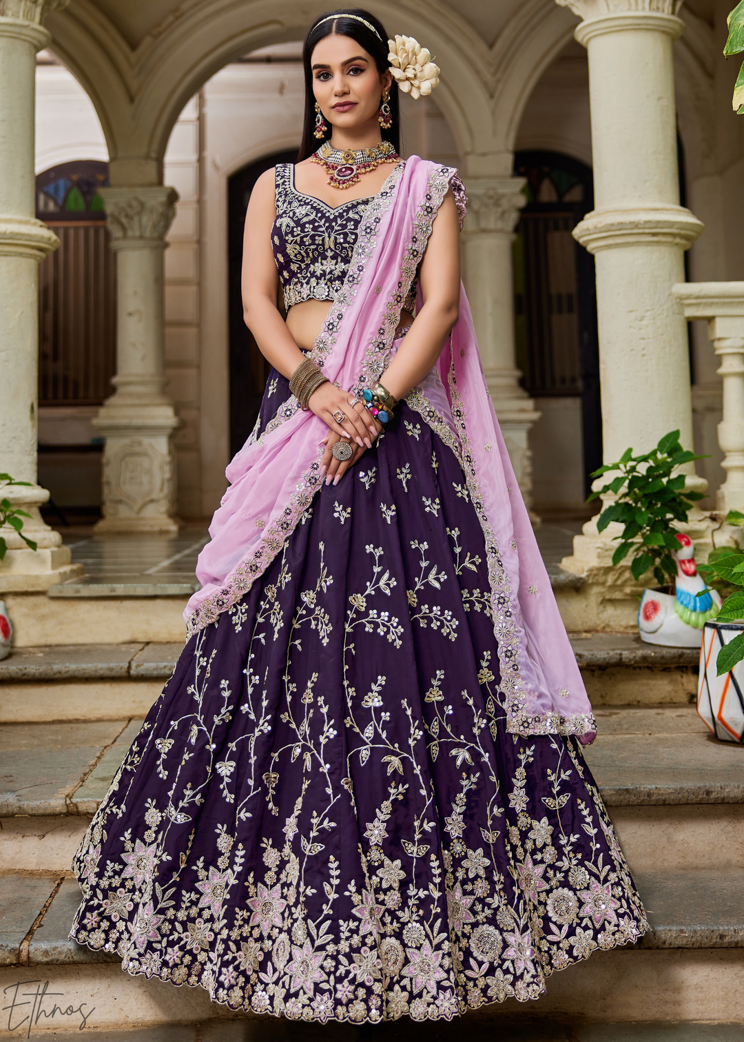 Magenta Radiant Blossom Organza Lehenga