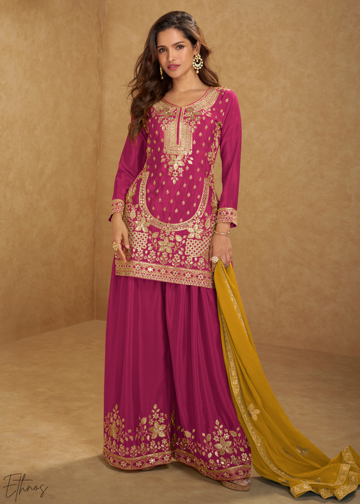 Magenta Royale Zari-Bloom Chinon Sharara  Suit