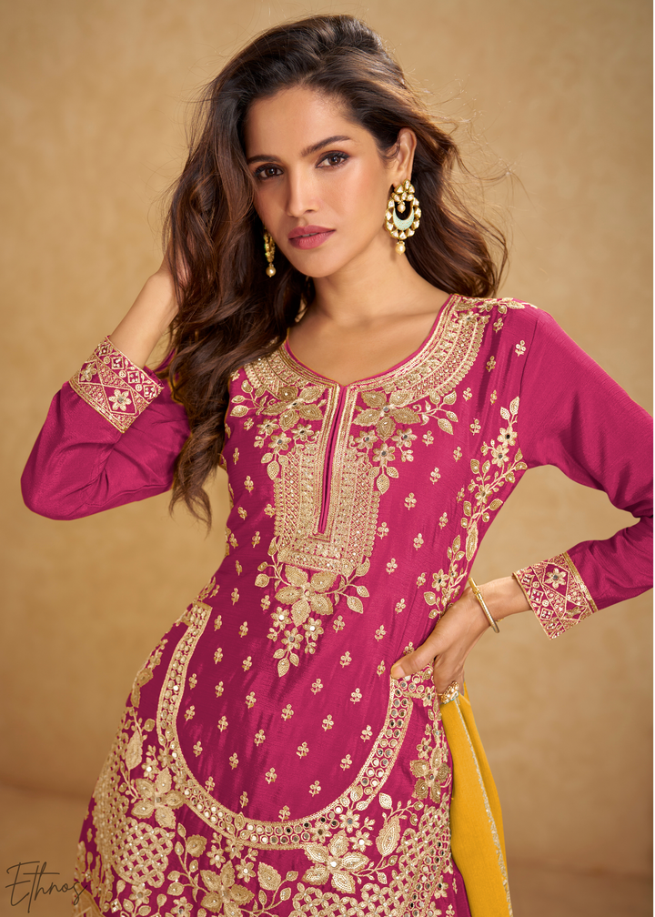 Magenta Royale Zari-Bloom Chinon Sharara  Suit