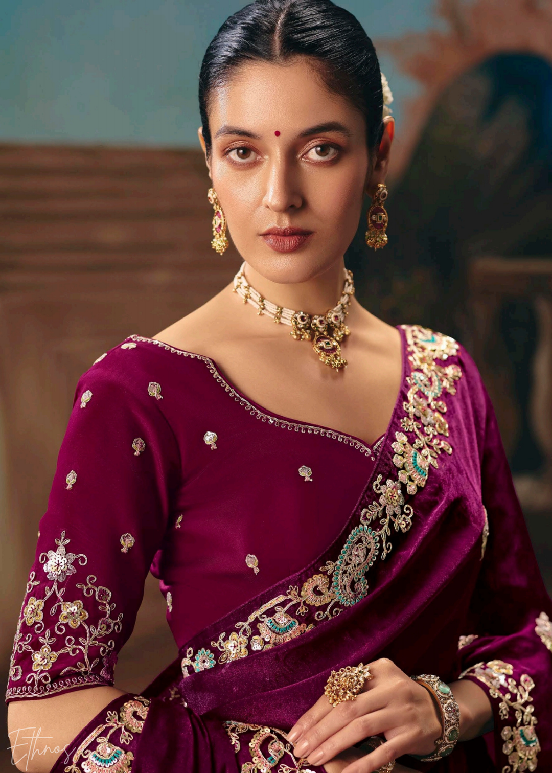 Magenta Sequins Organza Saree