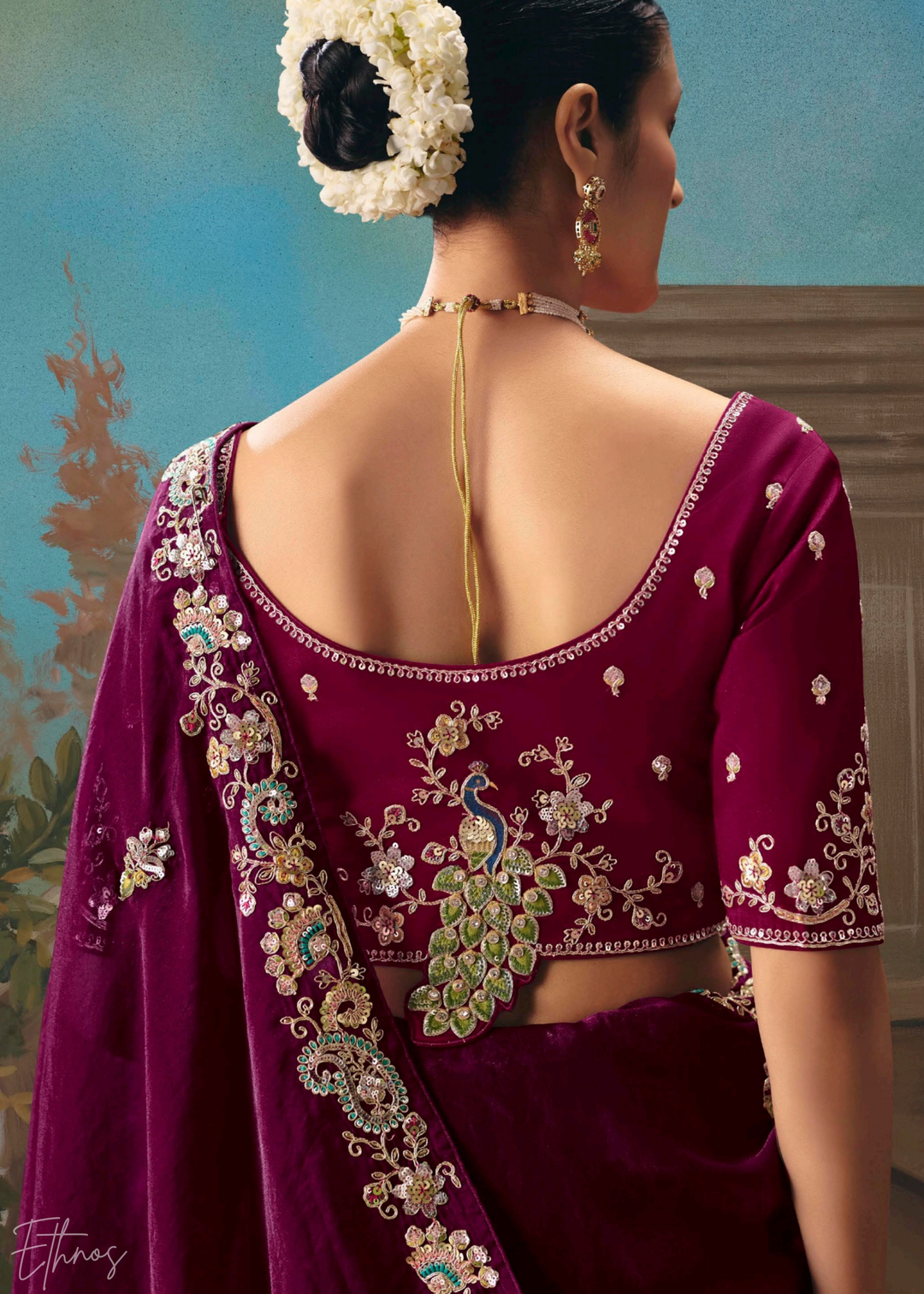 Magenta Sequins Organza Saree