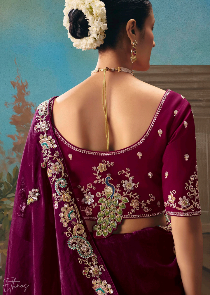 Magenta Sequins Organza Saree