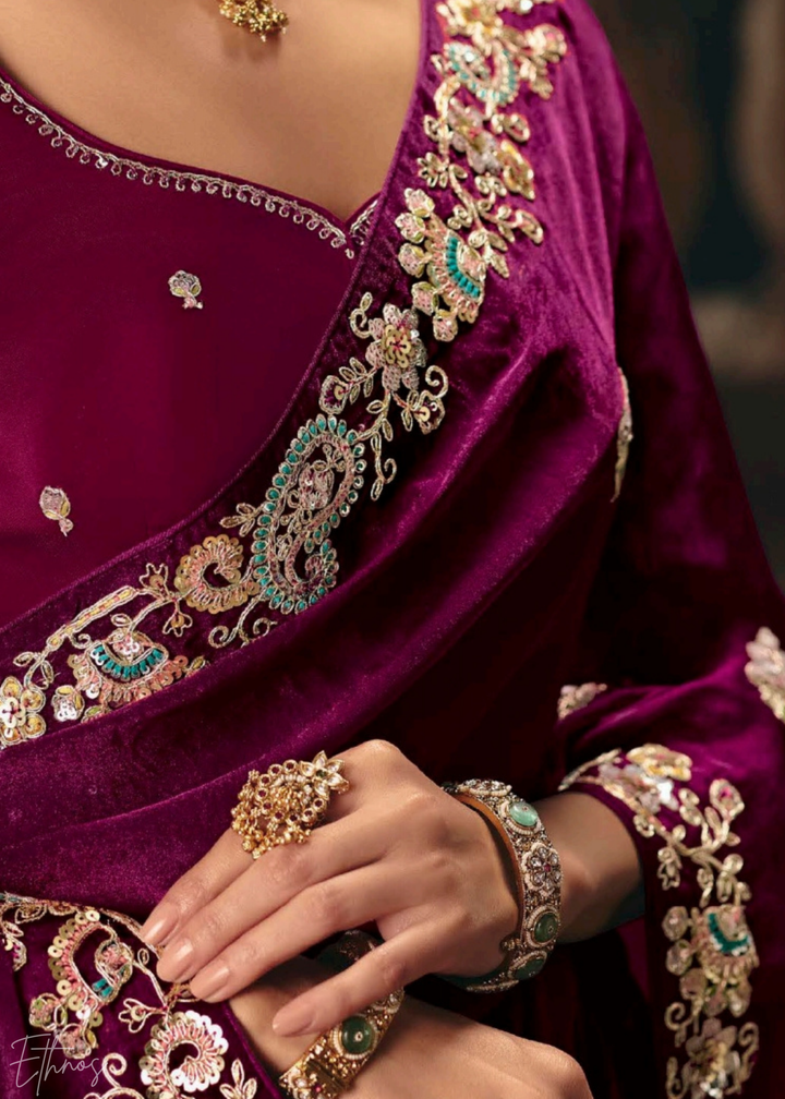 Magenta Sequins Organza Saree