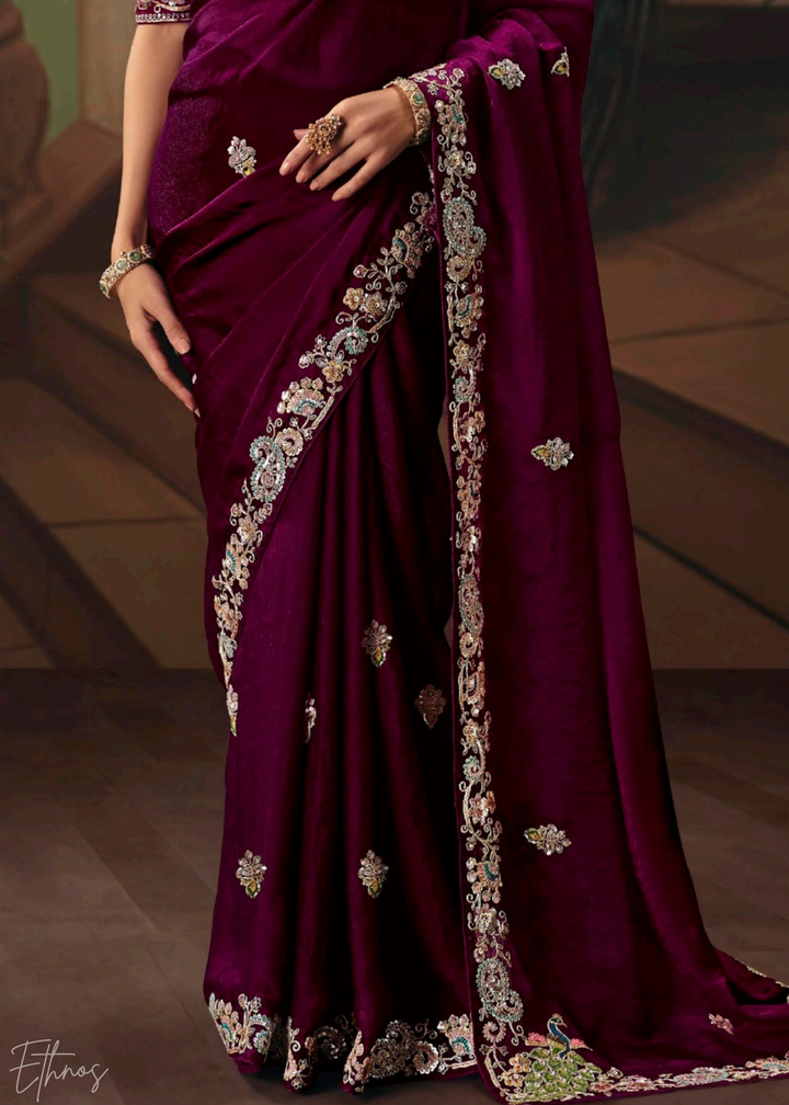 Magenta Sequins Organza Saree