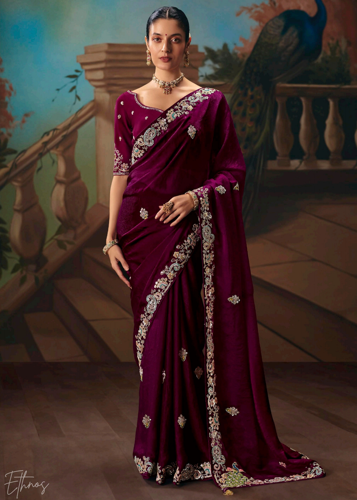 Magenta Sequins Organza Saree