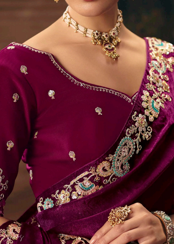 Magenta Sequins Organza Saree